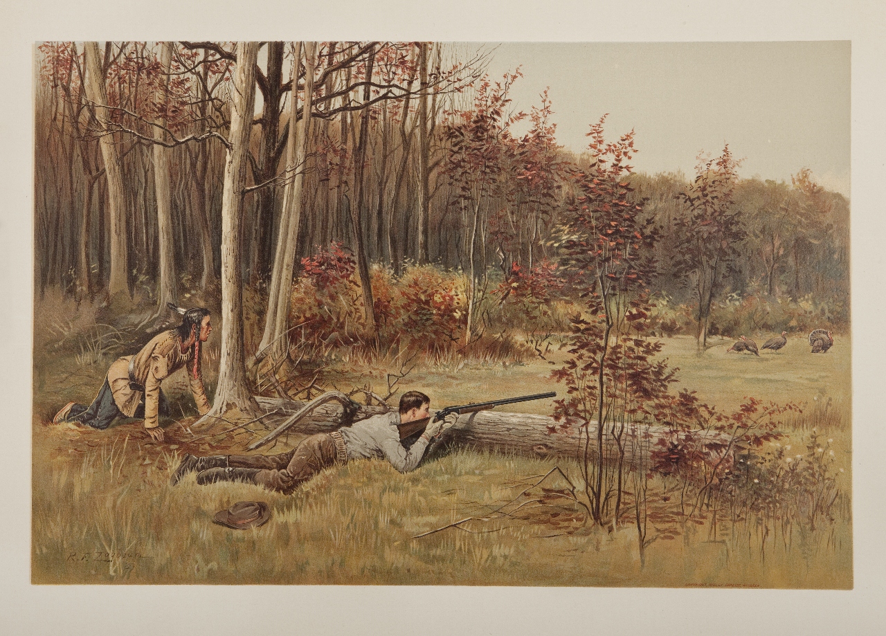 Young man with Indian guide hunting wild turkey in 1890