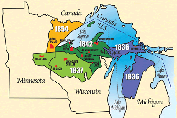 Land ceded to Native American Indian tribes in 1836, 1837, 1842, 1854 by U. S. government